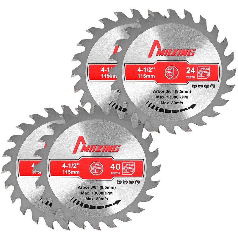 MAZING 4 PCS 4-1/2 Inch 24T&40T Circular Saw Blades, 4.5 inch TCT Compact Circular Saw Blade with 3/8" Arbor, ATB Design, Fit for Woodworking Cutting Plywood, Soft & Hardwood, Wood with Nails - Image 1